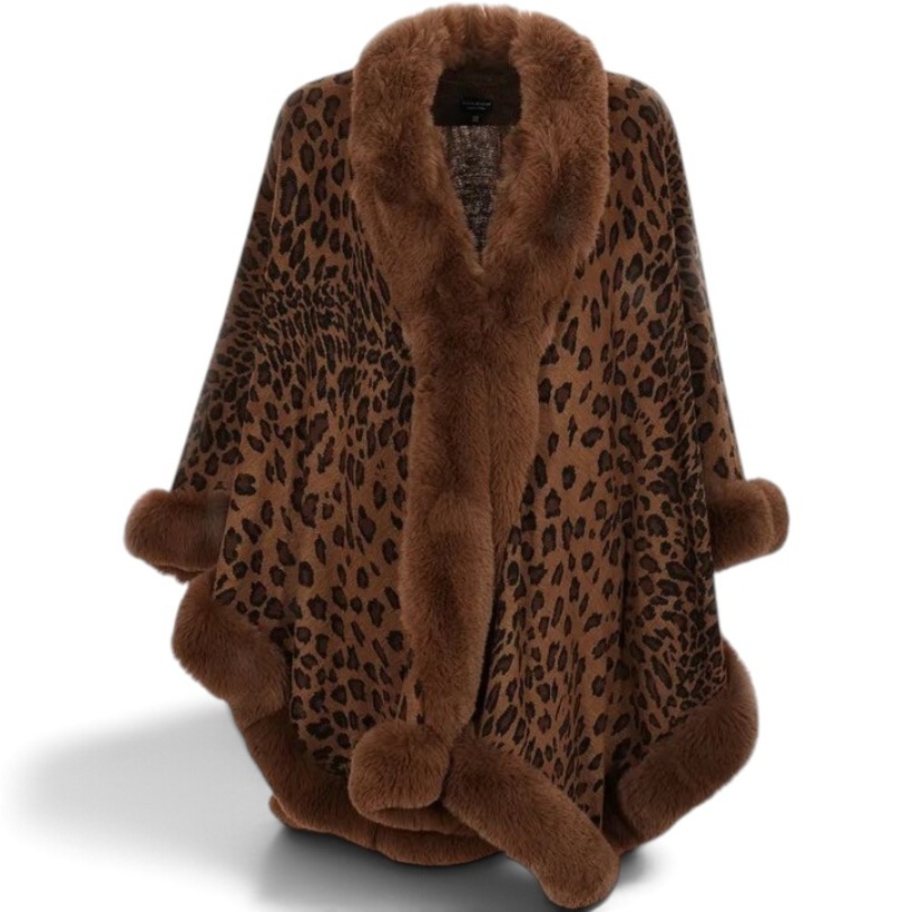 COG NY Oversized Leopard Faux Fur Trim Wrap Coat Brown Animal Print Cape New